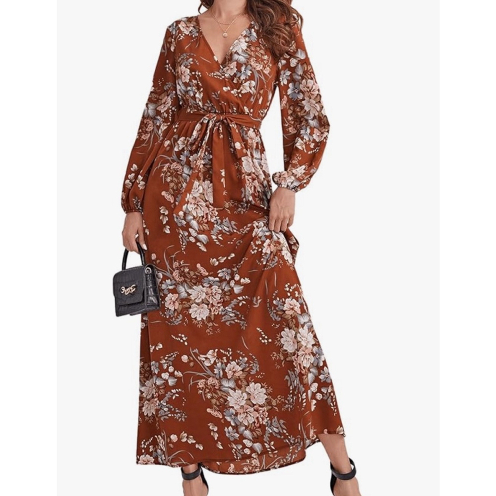 Size S Floerns Women's Wrap V Neck Long Sleeve Belted Floral Print Maxi Dress V - Picture 5 of 6